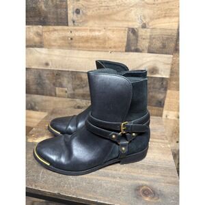 UGG Black Leather Suede Harness Ankle Boots Brass Buckle Moto Bootie Womens Sz 7